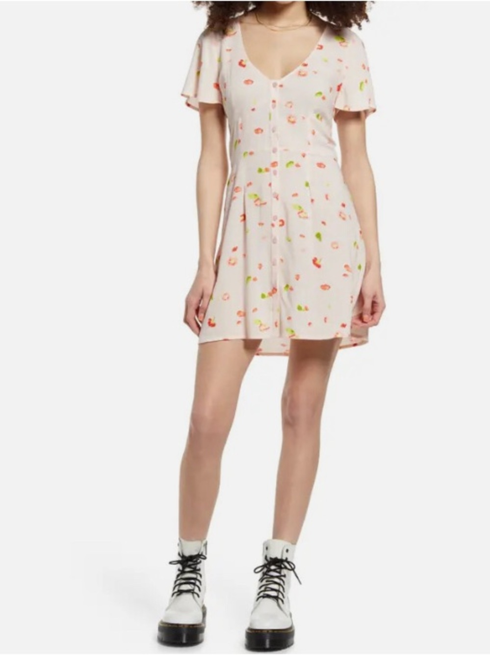 NWOT BP Peach Floral Button Down V Neck Flutter Sleeve Skater Mini Dress Sz 14